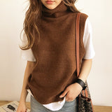 FRSEUCAG knitted high neck vest loose comfortable cashmere sweater sleeveless - xinnzy