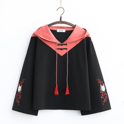 New Vintage Women Hoodies Japanese Harajuku Embroidery Cotton Korean Style Pullover Top