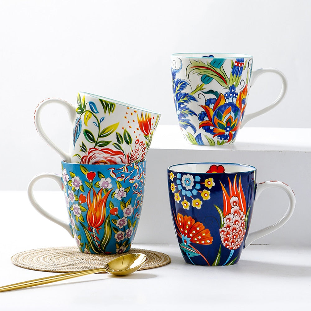Mug Hand-painted Ceramic Cups  Large Capacity Flower Pattern
