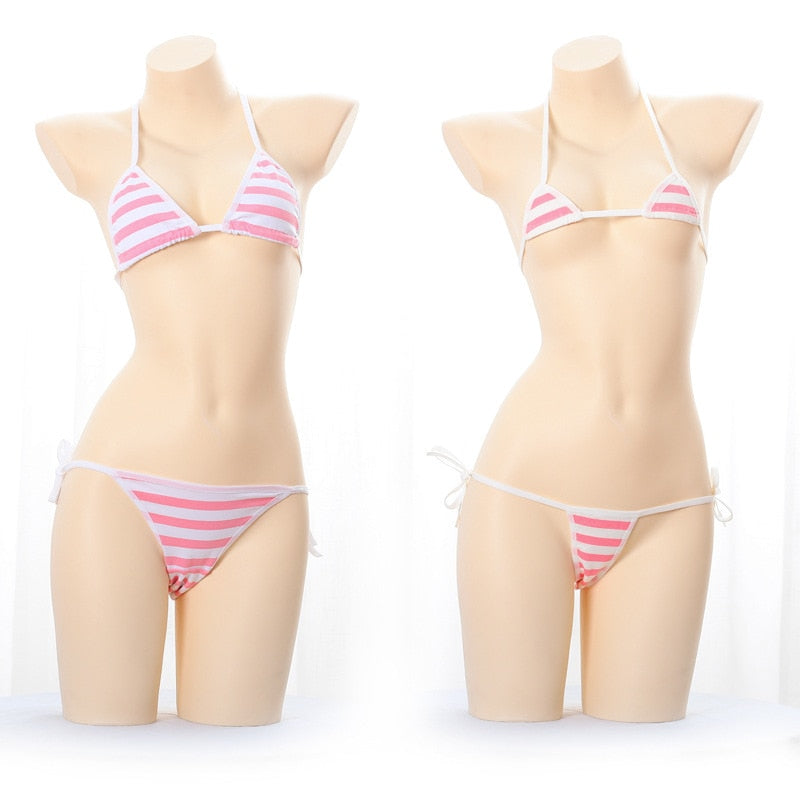 Sexy Lingerie Lolita Blue Pink White Striped Mini Bikini  Costumes Bra Women Underwear Set - xinnzy