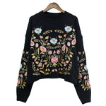 New Korean Flower Embroidered Sweater Black Knit Pullover