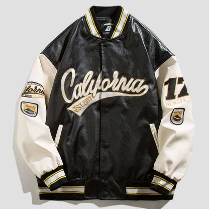 American Retro Letter Print Leather Baseball Jacket Men Streetwear