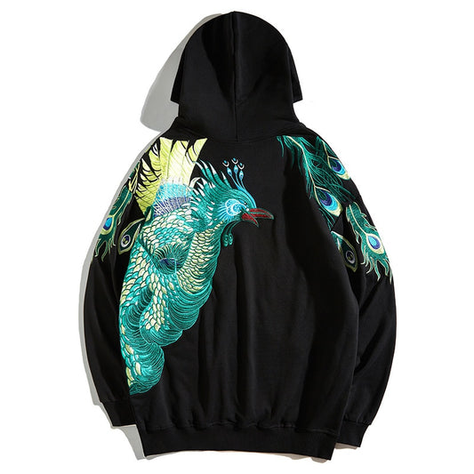 Men Hoodies Embriodery Loose Animal Peacock Casual