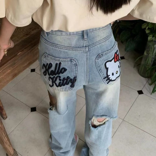 Women Streetwear High Waist Ripped Jeans