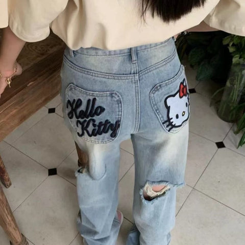 Hello Kitty Embroidery Jeans for Women Streetwear High Waist Ripped Jeans