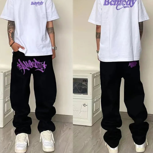 Street Letter Print Baggy Jeans Vintage Hip Hop Style for Men