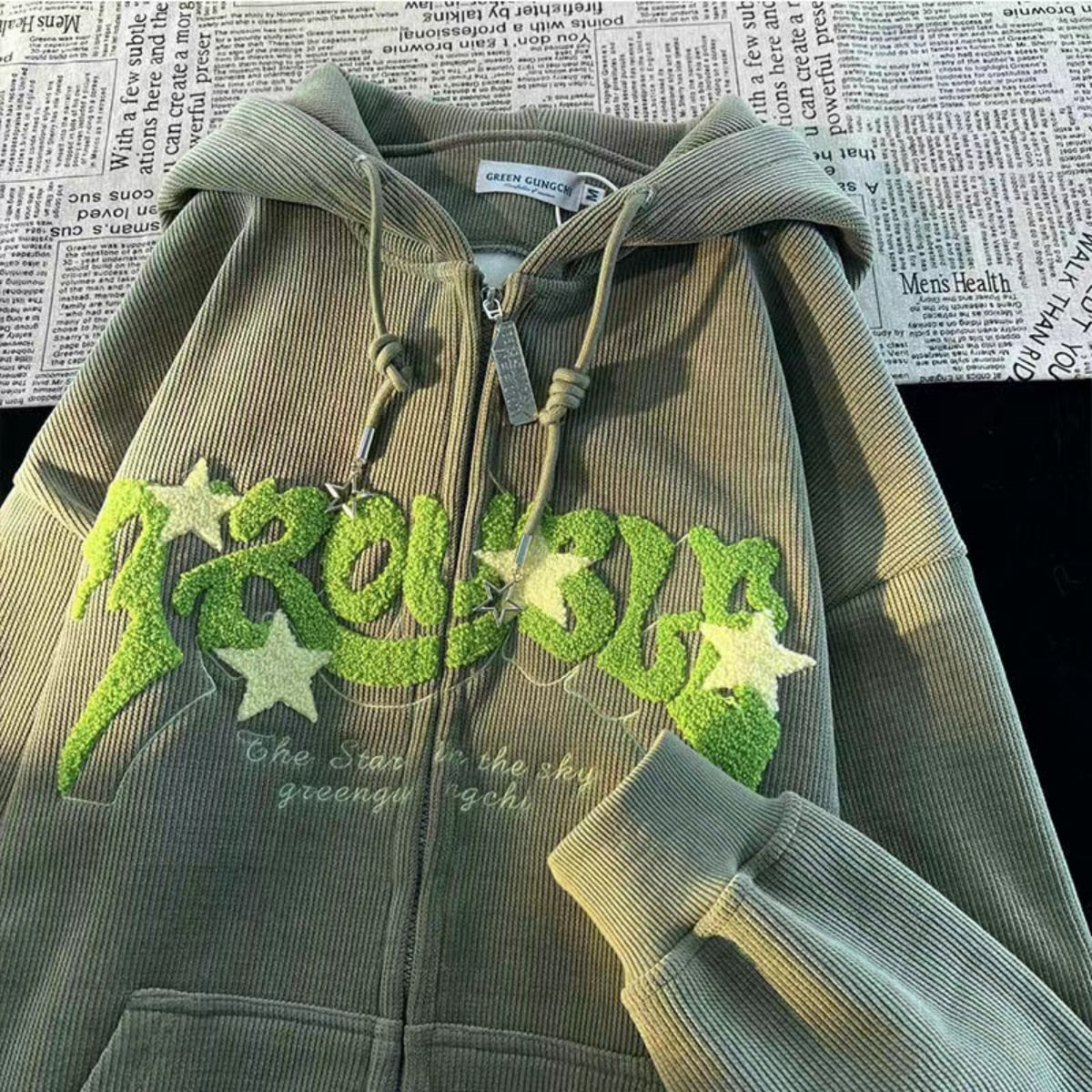 Fashion Retro Street Corduroy Letter Stars Embroidered Hoodie Female Couple Loose Zipper Hoodie - xinnzy