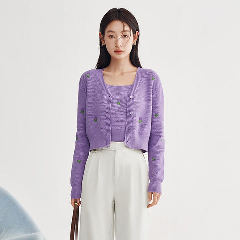 Sweaters Women Knit Cardigan Spring Long Sleeves V Neck Loose Floral Embroidery Purple - xinnzy