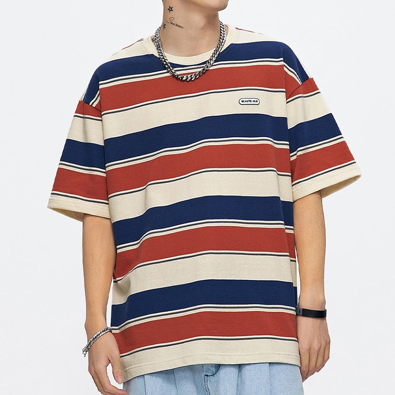 Main Striped Couples T-shirts For Men Loose Contrast