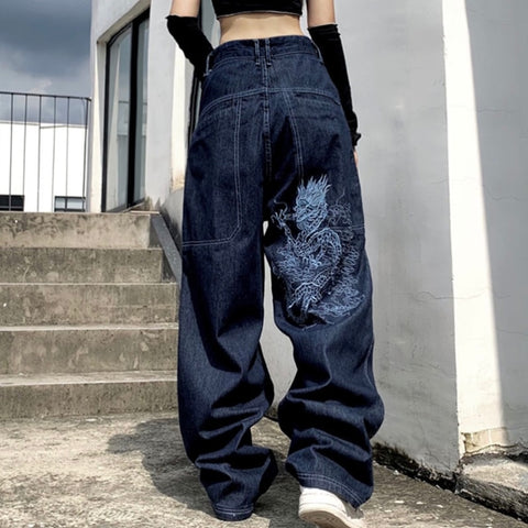 American Retro Loose Embroidered Straight Leg Jeans Women's Casual High Waist Wide Leg Trousers