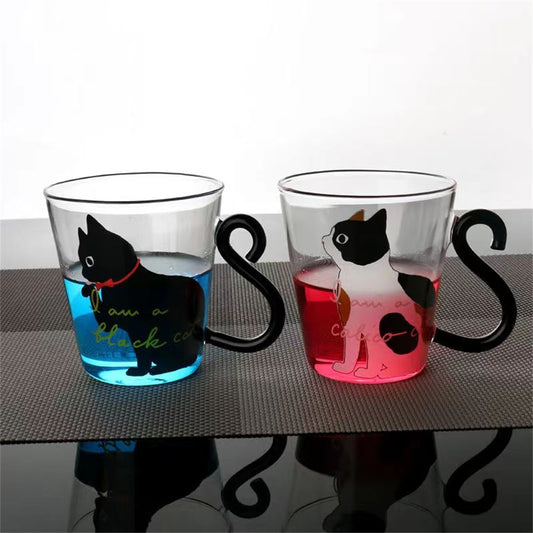 Glass Cup Cat Tail Handle Milk Coffee Mug Cute Cartoon Kitty