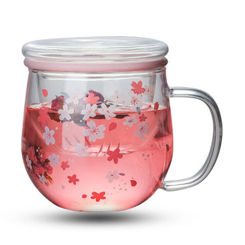 Sakura Mug Glastasse mit Teefilterbecher-Set, transparentes hitzebeständiges Glas