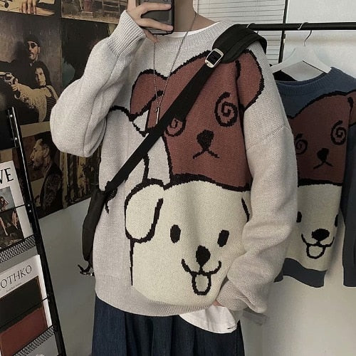 Men Winter Cartoon Bear Sweater Cozy Knitted Pullover with Long Sleeves