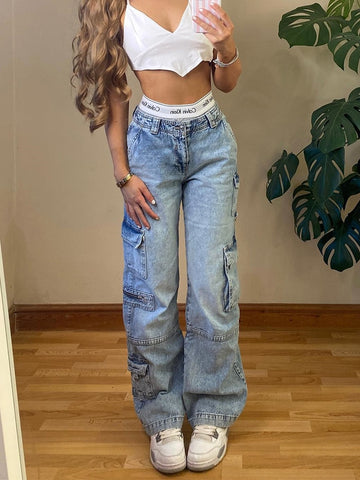 Y2K Vintage Casual Chic Straight Jeans mit Fake-Reißverschlüssen und Tasche für Damen