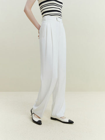 Women Pants High Waist Pleated Design White  Long Trouser Solid Pant
