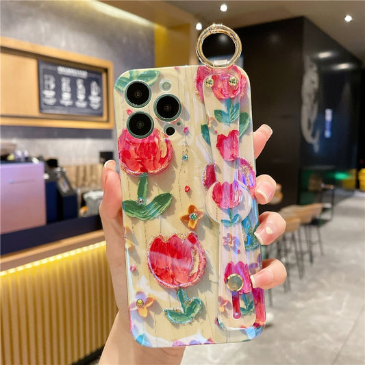 Oil Painting Flower Wirst Strap Holder Phone Case For iPhone Protection Cover