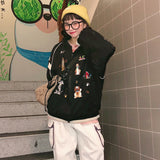 Women's Hooded Sweatshirt Coat with Thick Fleece Liner, Black Cartoon Embroidery, and Loose Cotton Outwear