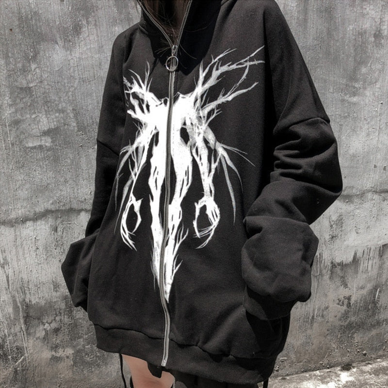 Hoodie Damen Schwarz Übergroßes Kapuzenpullover mit durchgehendem Reißverschluss Goth Grunge