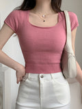 Slim Fit Women's Summer Crop T-Shirt Short Sleeve Solid Square Collar Tops