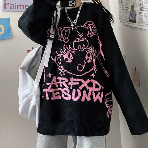Streetwear Damen Anime Print Strickpullover Langarm Pullover