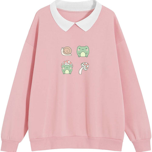 Frauen Sweatshirts Cartoon Druck Frosch Pilz Schnecke Streetwear