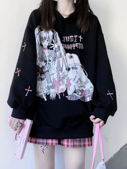 Harajuku Anime Hoodies Women Goth Streetwear Cartoon Print Y2k