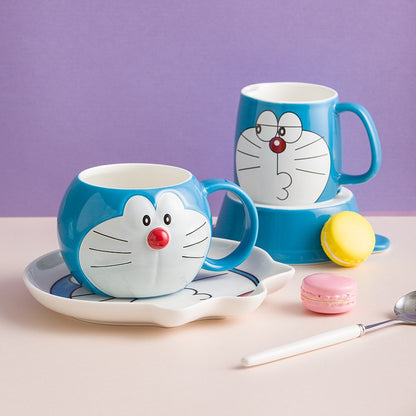 Doraemon-Tasse mit Deckel, Maschinenkatze, blau, niedliche Keramiktasse