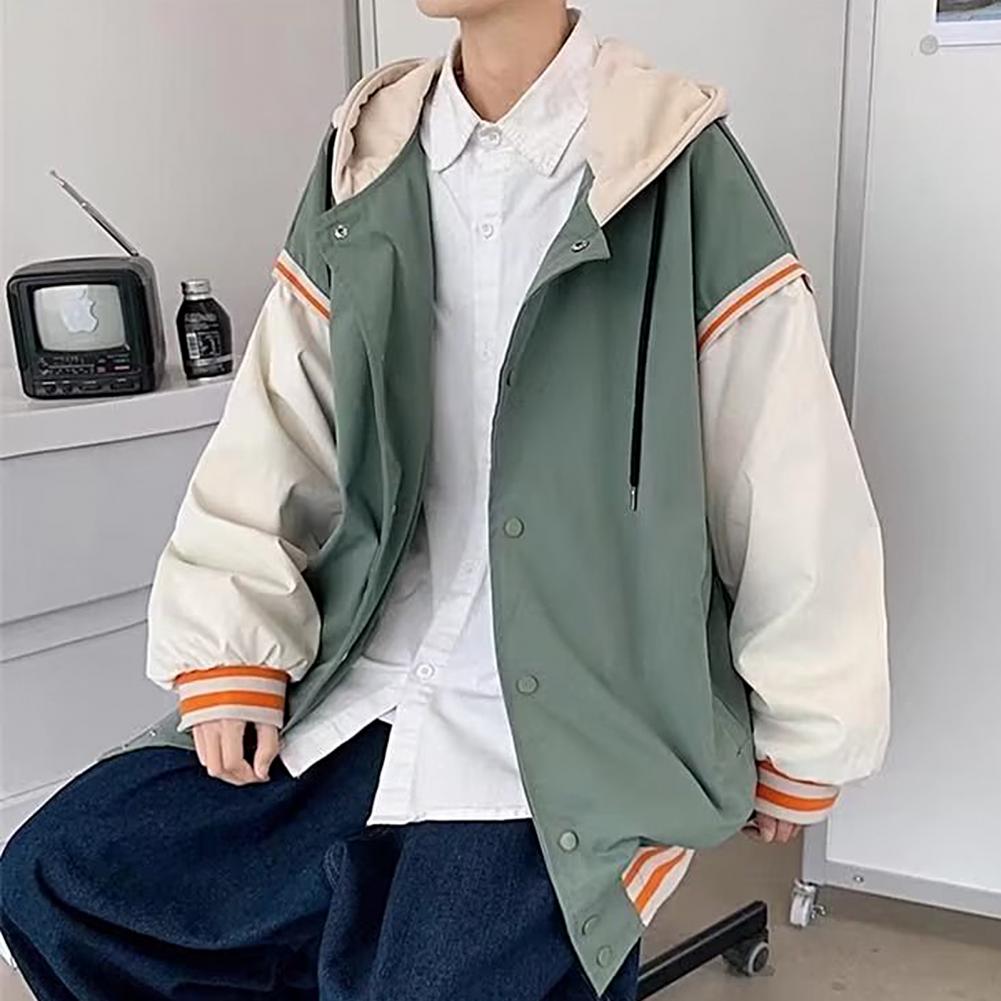 Trendy Pockets Drawstring Patchwork Color Baseball Jacket Coat