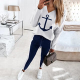 Womens Top Beautiful Ship Anchor Long-Sleeve V-Neck Fashion Casual Suit Trend