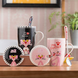 Ceramic Pink Panther Coffee Mug With Spoon Lids Cute Cartoon