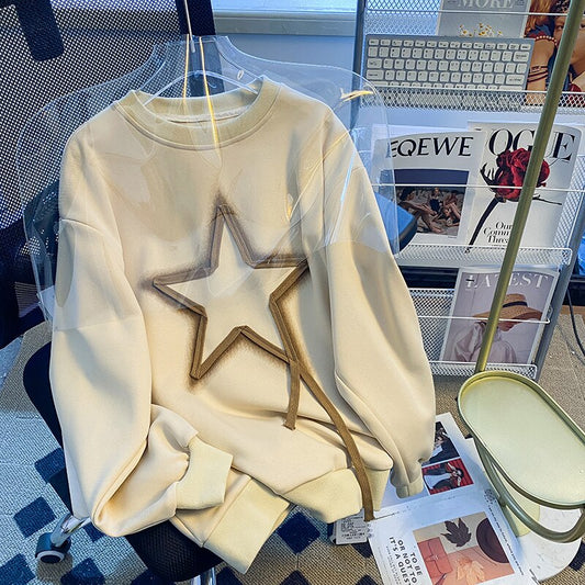 Vintage Five-pointed Star Pullovers: 2023 Women's Loose Fashion Hooded Sportshirt Tops Y2K-Inspired Round Neck Hoodie for a Retro Femme Style