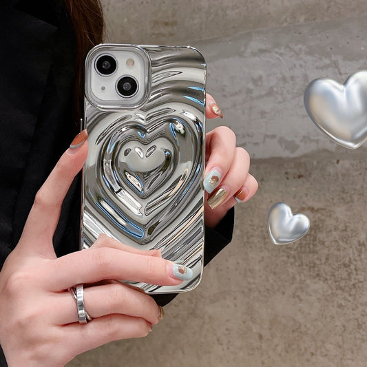 Luxury Electroplate Silver Heart Water Ripple Phone Case for iPhone Soft Silicone