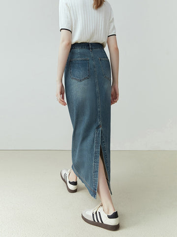 Jeansrock für Damen, Retro-Design, hohe Taille, knöchellang aus reiner Baumwolle