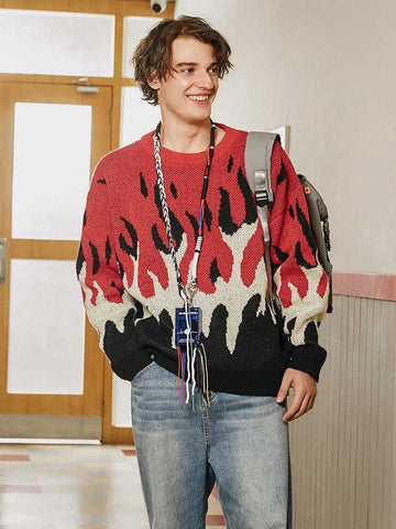Men Fire Flame Sweaters Y2K Streetwear Pullover
