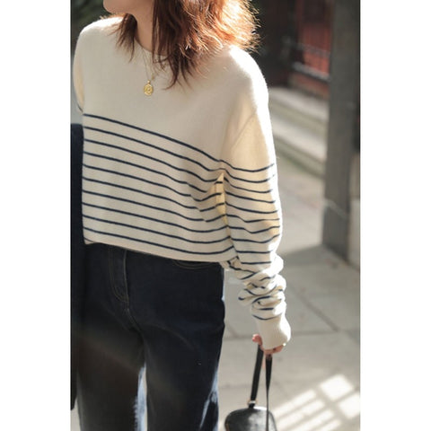 Autumn Winter New Striped  O-Neck Pullover Casual Knitted Striped Cashmere Female Sweater - xinnzy