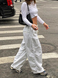 Sweatpants White Loose Drawstring Low Waist Streetwear Cargo Pants - xinnzy