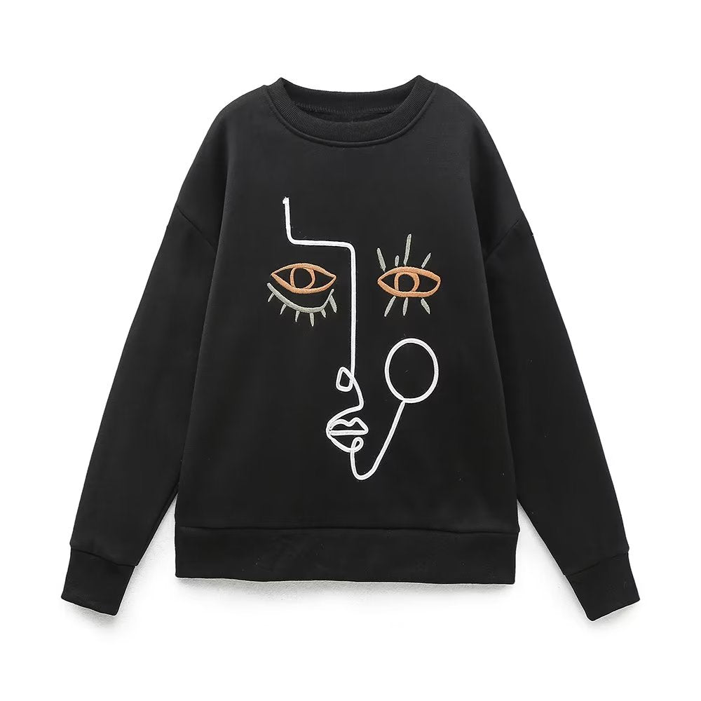 Damen-Sweatshirts mit Stickerei, lässige Fleece-Pullover