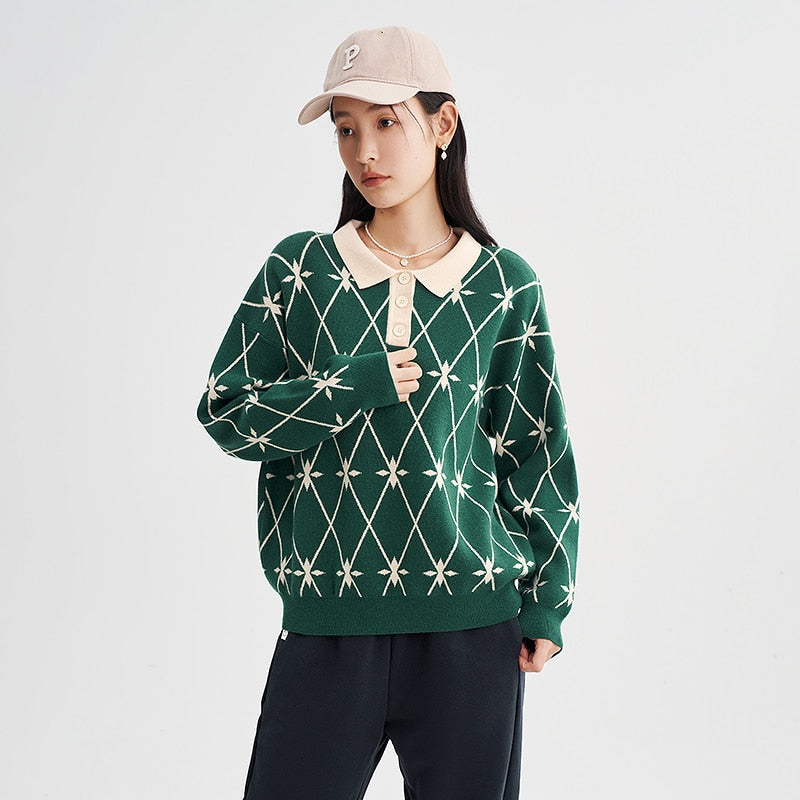 Sweaters woman Long Sleeves Polo Neck with  Green Casual Chic Tops - xinnzy