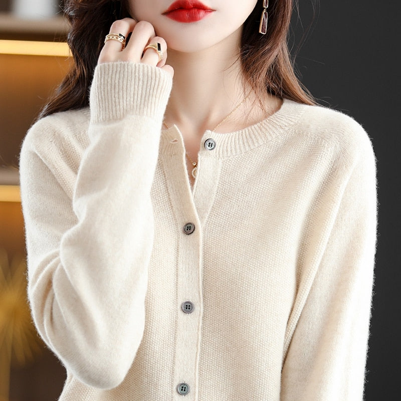 Autumn Cardigan Wool Natural Fiber Round Neck Raglan Sleeves Fashion Sweater Seamless One Line - xinnzy