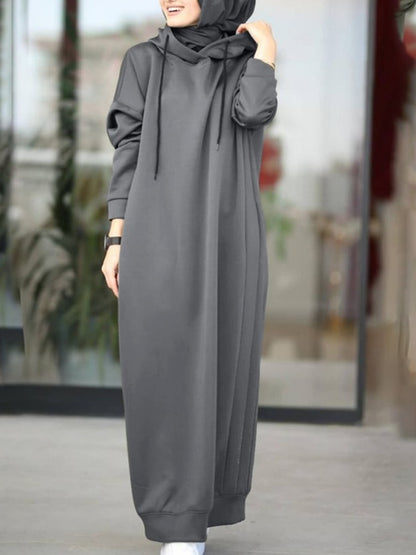 Muslim Dress Sweatshirt Stylish Hoodies Long Sleeve Maxi Dress Casual Solid Hooded