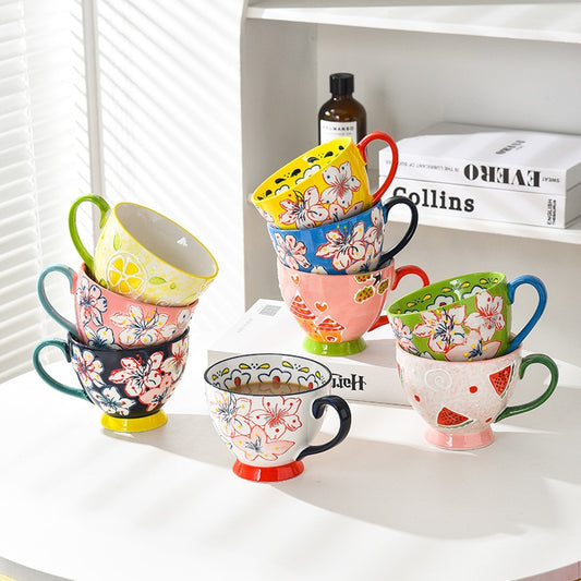 Cute Hand-painted Embossed Ceramic Breakfast-mug Creative Mug and Cute Oatmeal -cup