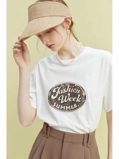 T-Shirts Letter Print Casual Round Neck