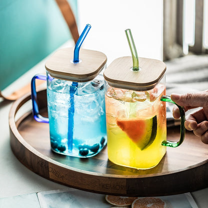 Glass Straw With Colorful Handle Milk Tea Mugs Iced Coffee Cup