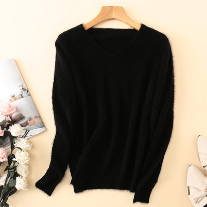 Sweater woman V-Neck Knitted Pullover Mink Cashmere Jumper Female  Soft Super Warm Sweater - xinnzy