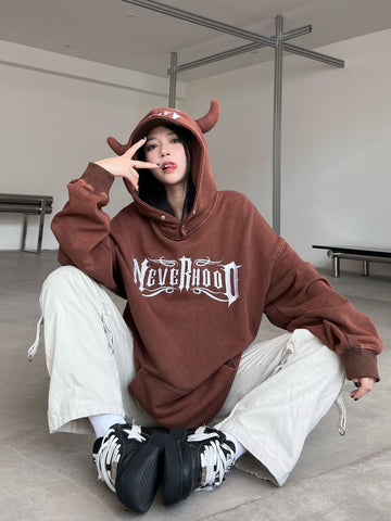 hoodie For Women Devil Horn Alphabet Embroidery long sleeved casual