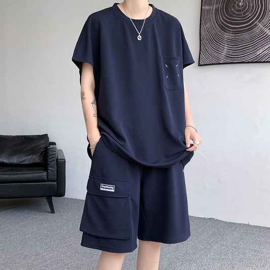 Men's Loose Short Sleeve T-shirt and Shorts Suit Solid Color, Large Size Summer Set