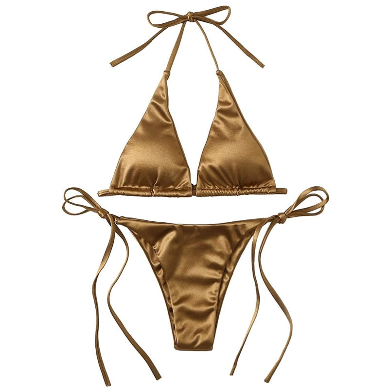 Sexy Women Bikini Set Metallic Halter Top Two Piece Swimsuit Tie Side Triangle Bikini