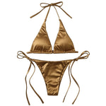 Sexy Women Bikini Set Metallic Halter Top Two Piece Swimsuit Tie Side Triangle Bikini