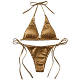 Sexy Damen-Bikini-Set, metallisches Neckholder-Oberteil, zweiteiliger Badeanzug, seitlich gebundener Triangel-Bikini