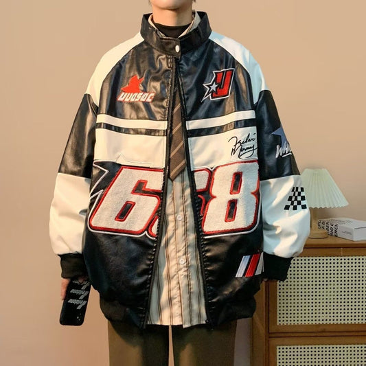 Jacke Bomber Outwear Mäntel PU Leder Y2K Vintage Mode Racing American Men